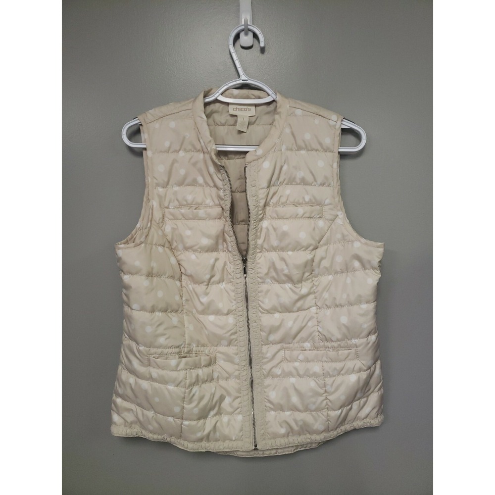 Chico's women's puffer vest‎ pockets  cream and white polka dot size 1